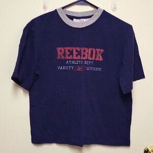 Vintage Reebok Navy Blue Crewneck T-shirt with Red and White Writing